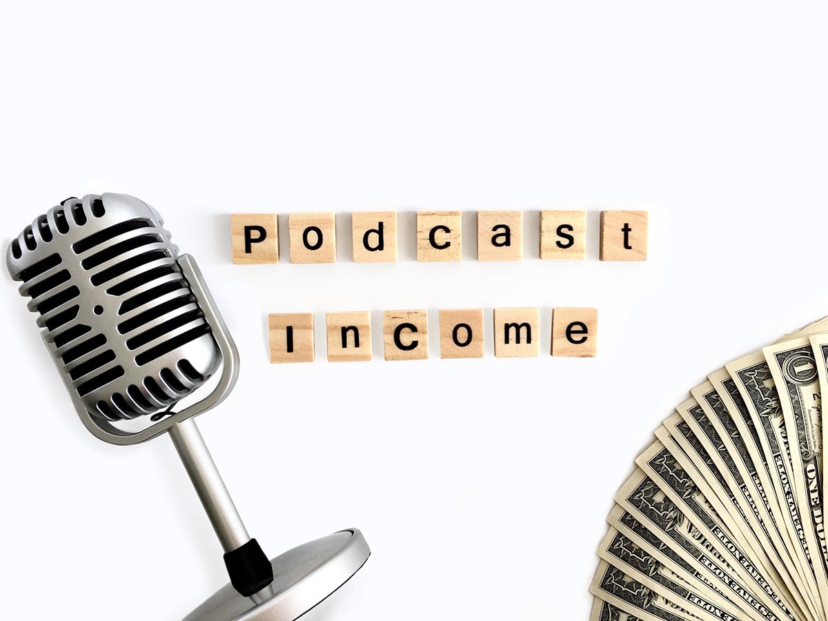 Make Money with Podcasting — Retro Microphone and Podcast Income Words on Wooden Letters