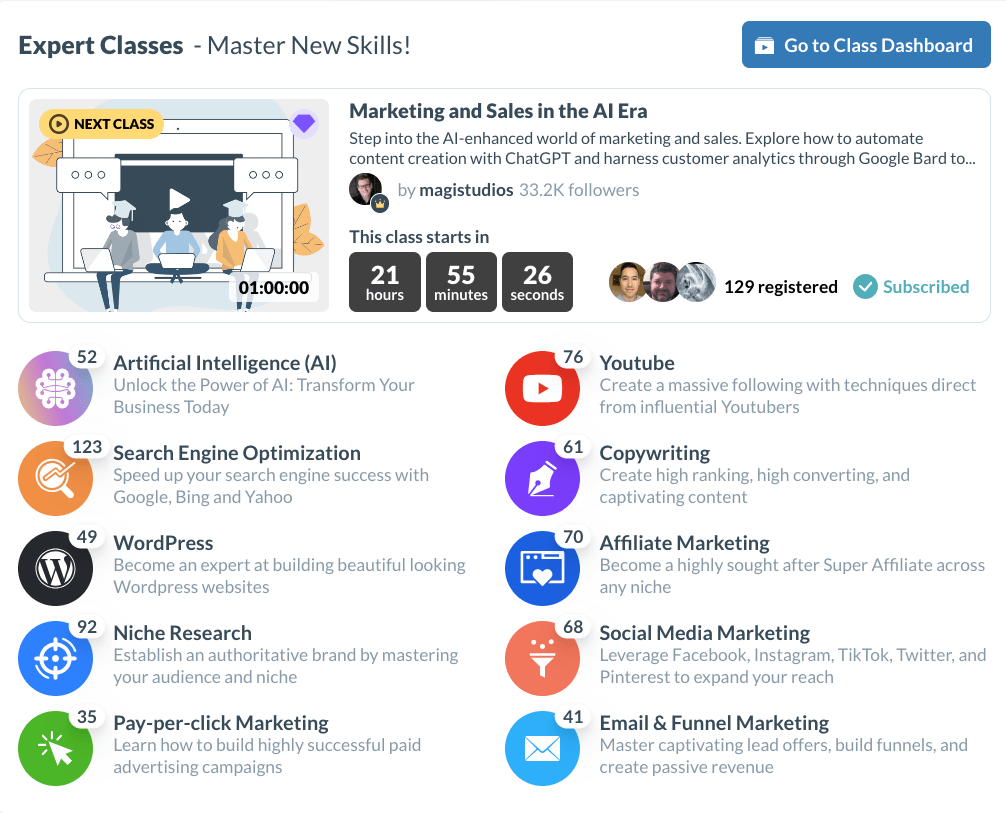 My Wealthy Affiliate Review — Expert Classes Menu