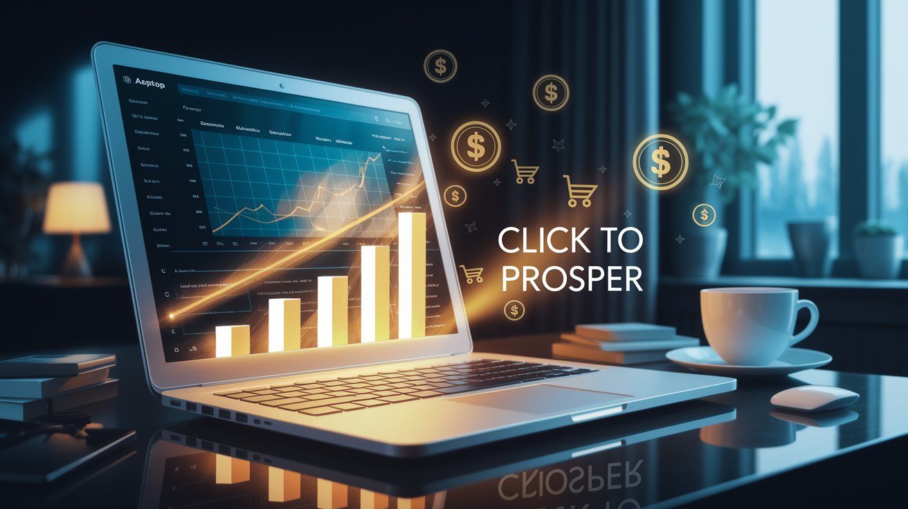 Click to Prosper — Laptop Displaying an Analytics Dashboard with Rising Graphs and Floating Dollar Signs