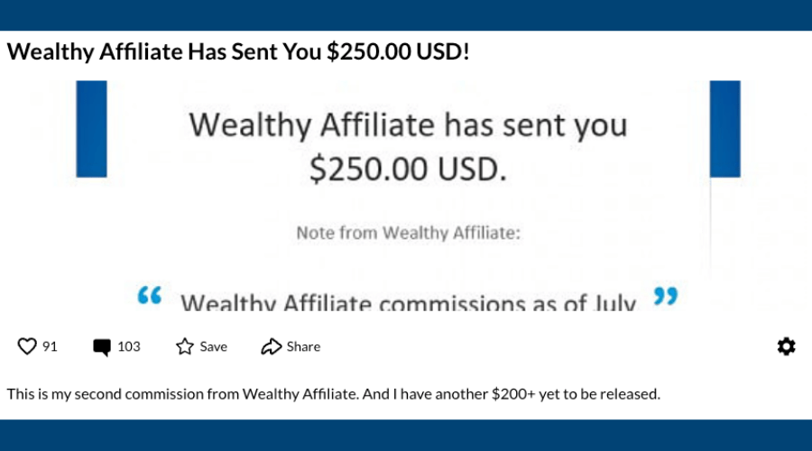 Wealthy Affiliate Affiliate Payout Notification Wealthy Affiliate Payout Notification Showing a $250 Commission