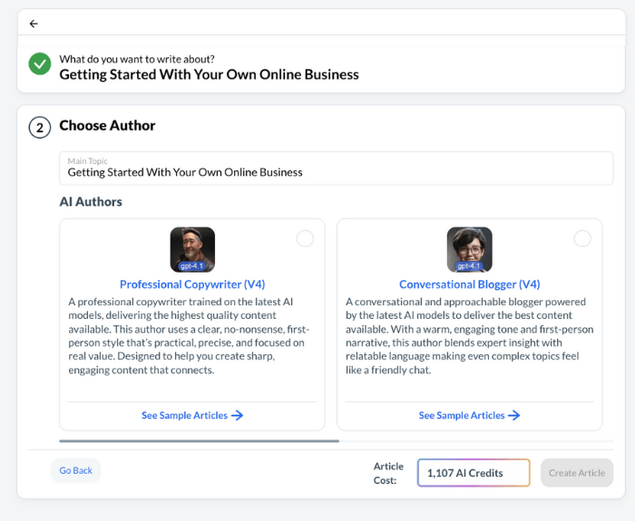 Wealthy Affiliate AI Article Creator Showing Author Options