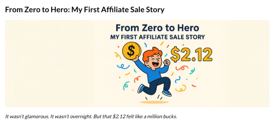 First Affiliate Sale Featured Image Cartoon illustration Showing a First Affiliate Sale Story at Wealthy Affiliate