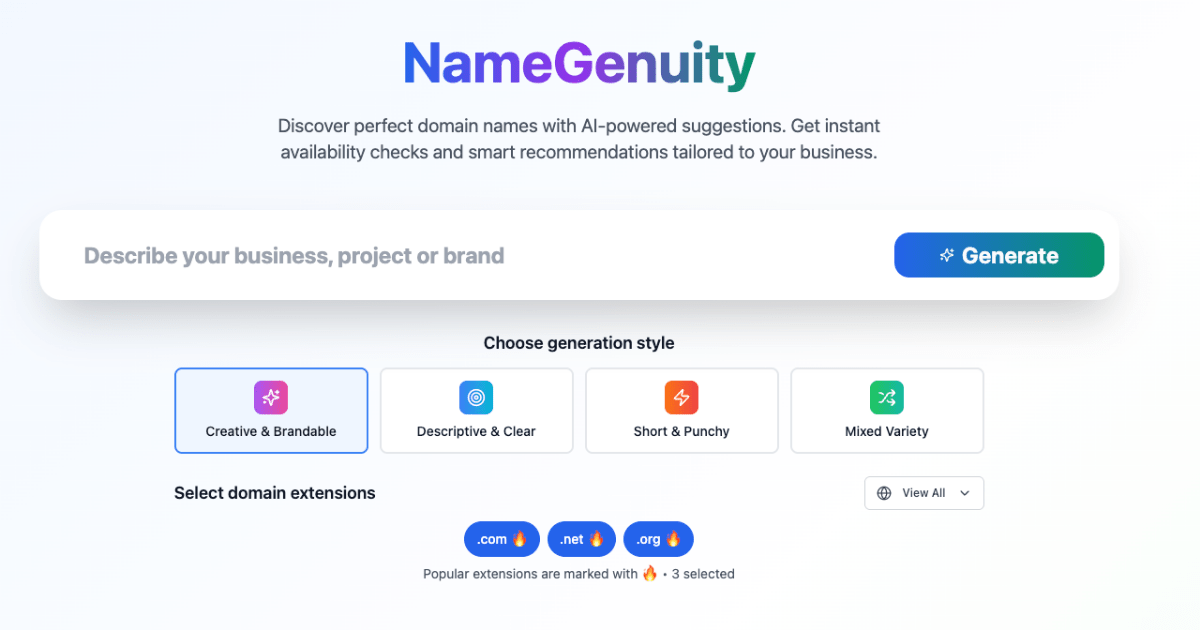 NameGenuity AI Domain Name Generator for Business Branding