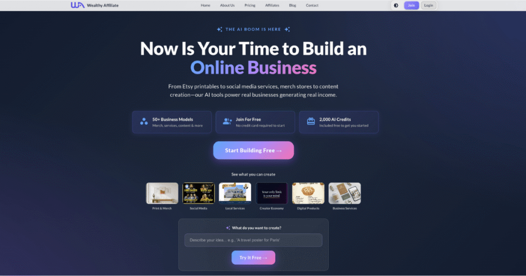Wealthy Affiliate Homepage Highlighting AI Tools for Building an Online Business